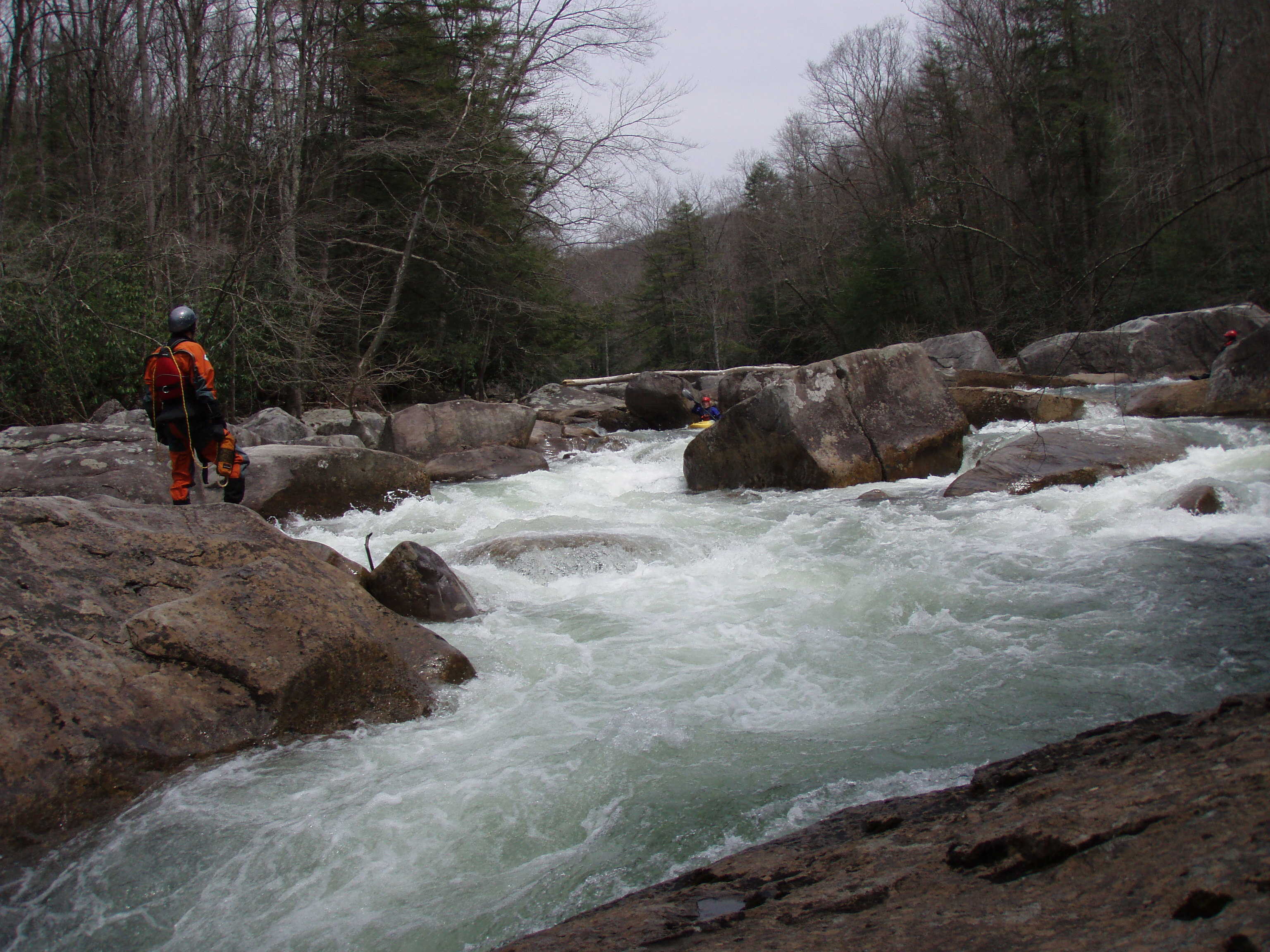 Dennis Wigg entering main part of S-Turn rapid. Marc Bleicher is safety.  (Photo by Keith Merkel - 4/18/07)